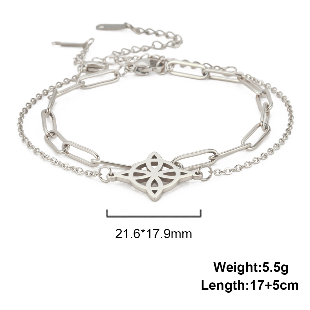 Hot Sale Double-layer Twin Welding With Cross Chain Combination Hollow Four-petal Leaf Small Round Pendant 304 Stainless Steel Bracelet display picture 10