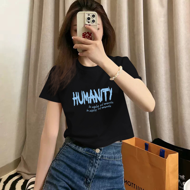 Multi-picture Selection] Pure Cotton Short-sleeved T-shirt Women's Summer New Shoulder Joker Short Spice Girls Slim-fit Slimming Wear