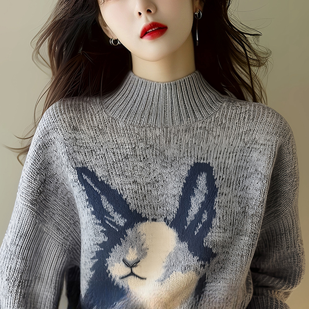 회색 스탠드 칼라 토끼 프린트 스웨터 부드러운 왁스 스웨터 여성의 2024 가을과 겨울 새로운 한국식 분위기 탑