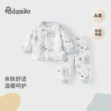 秋冬季夹棉宝宝套装婴幼儿前开宝宝夹棉两件套家居服薄棉冬季套装