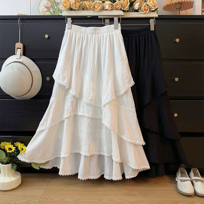 French-Style Irregular Lace Trim Cake Skirt for Women, High-Waisted, Slimming A-Line, Large Hem, Long Skirt, New Model