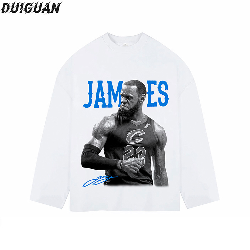 American-style heavyweight basketball star long-sleeve retro character print street fashion brand loose-fit drop-shoulder sports base shirt