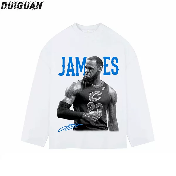 American-style heavyweight basketball star long-sleeve retro character print street fashion brand loose-fit drop-shoulder sports base shirt