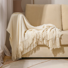 美式流苏毛线毯子 纯色沙发毯针织毯办公室空调毯民宿酒店样板房