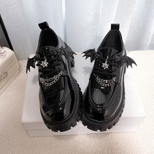European Station Fashion Chain Small Leather Shoes Women's British Style Thick Heel Lace-up Black Single Shoes Student Shoes Thick Sole jk Women