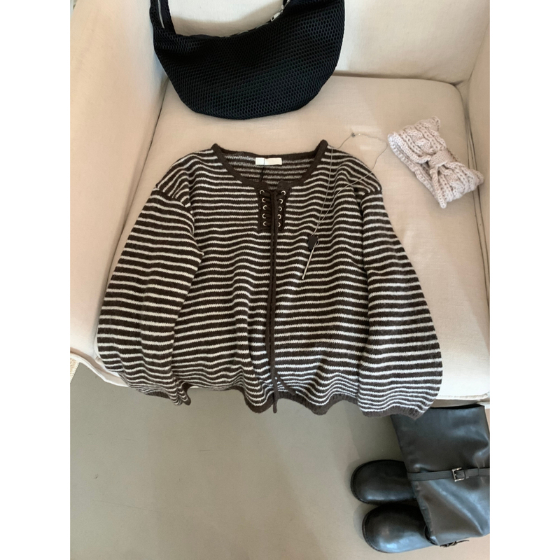 MISS密思家 秋冬韩系条纹浣熊纱百搭显瘦领口系带保暖毛衣女A0835|undefined