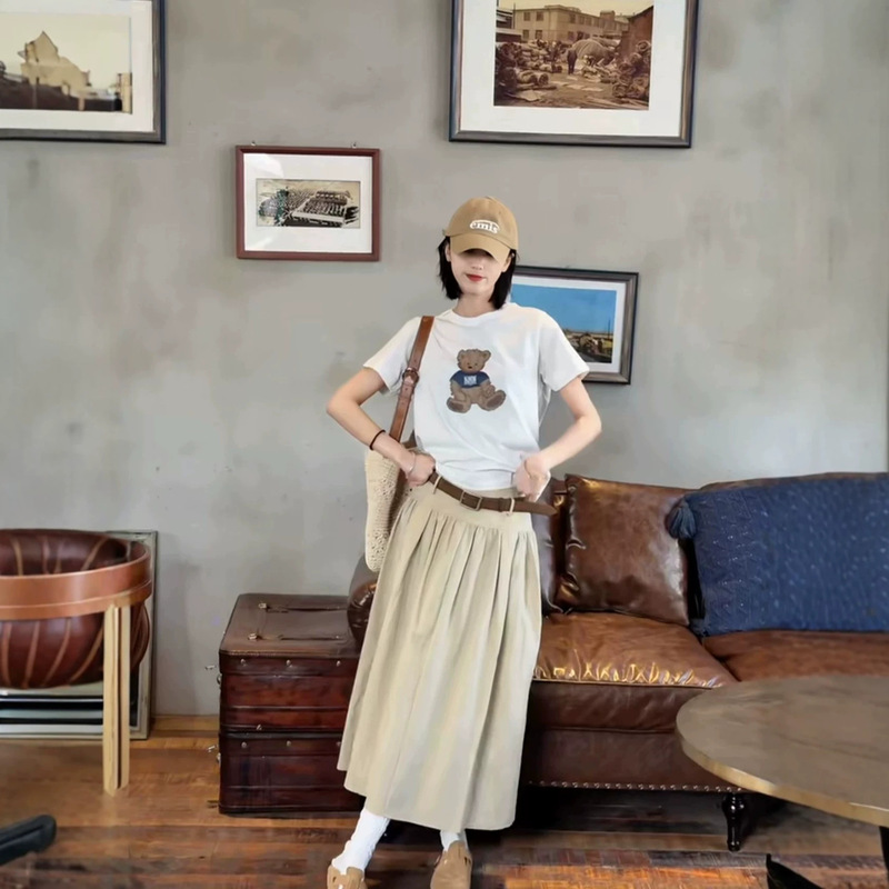 In-Stock Korean Marithe New Round-Neck Cartoon Bear Print Short-Sleeve T-Shirt, Same Style as Jenie Cha Jung-Won