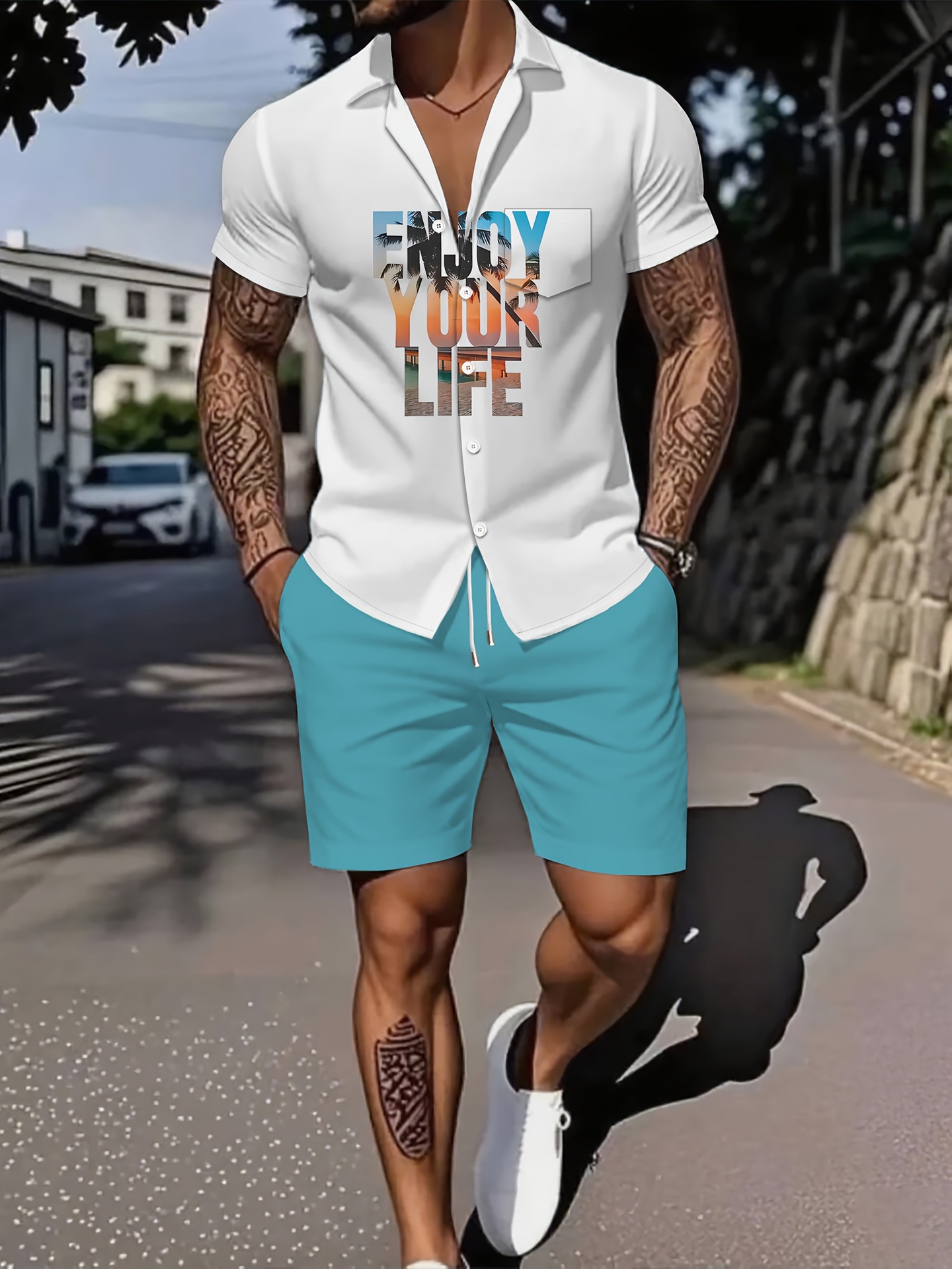 Ensemble deux pièces pour homme : chemise à manches courtes respirante et ample, imprimé lettres, style décontracté idéal pour l'été._voghion.com