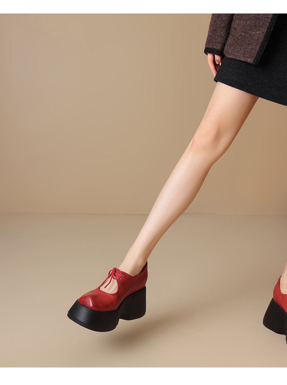 Giày Mary Jane nữ đế dày 10 cm mũi tròn phong cách Anh quốc da thật — màu đen chi tiết 5