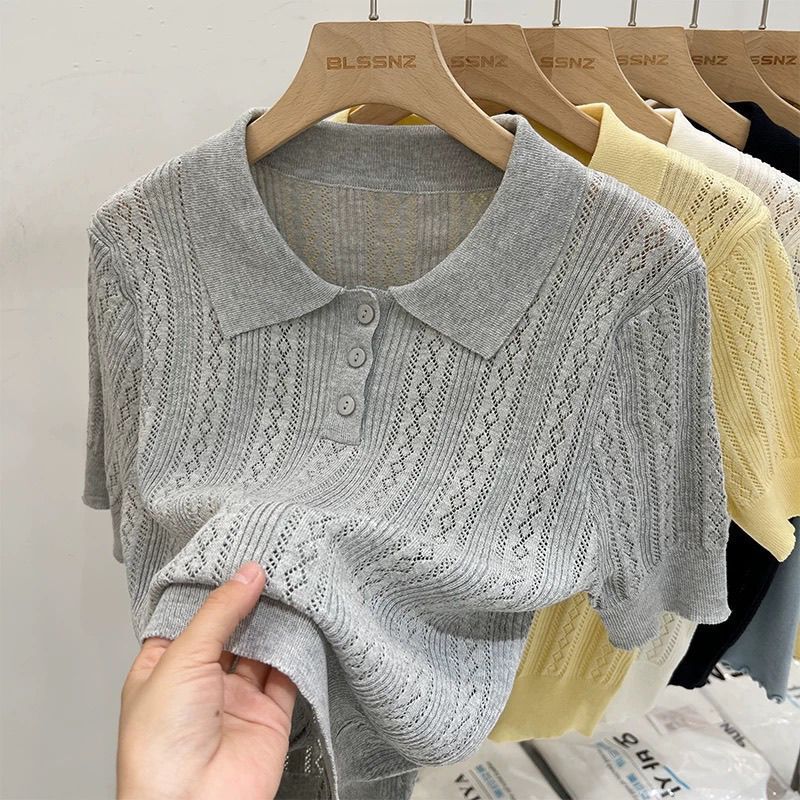 Polo Shirt with Hollow-Out Collar, Short-Sleeve Knit Top for Women, Summer 2026 New Unique and Exquisite Niche Half-Sleeve Yellow Top Polo Shirt with Hollow-Out Collar, Short-Sleeve Knit Top for Women, Summer 2026 New Unique and Exquisite Niche Half-Sleeve Yellow Top