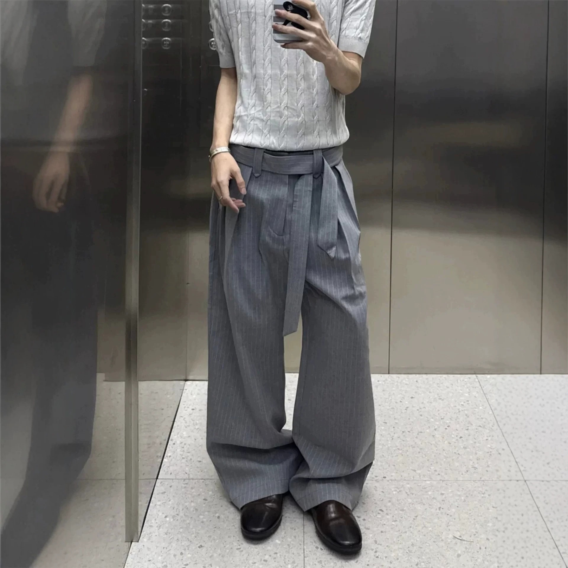 美式复古老钱风条纹阔腿西裤男秋季宽松腰带设计感显瘦休闲长裤子
