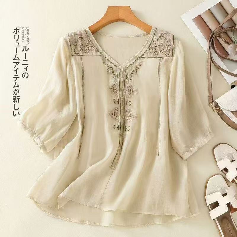 Foreign Trade Export Cotton and Linen Retro 2025 Shirt V Neck Embroider Summer New Loose Literary Shirt Top