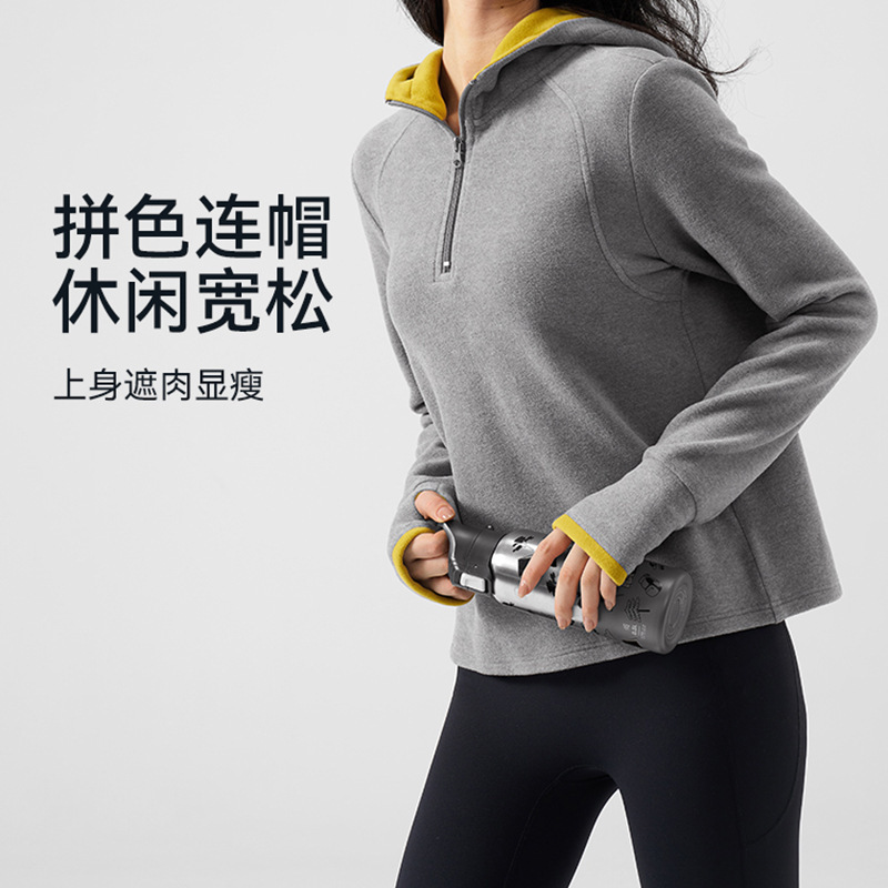 New Autumn and Winter Style Contrasting Color Hooded Half-Zip Soft and Warm Velvet-Feel Warm Loose Casual Sweatshirt Outdoor Sports Top