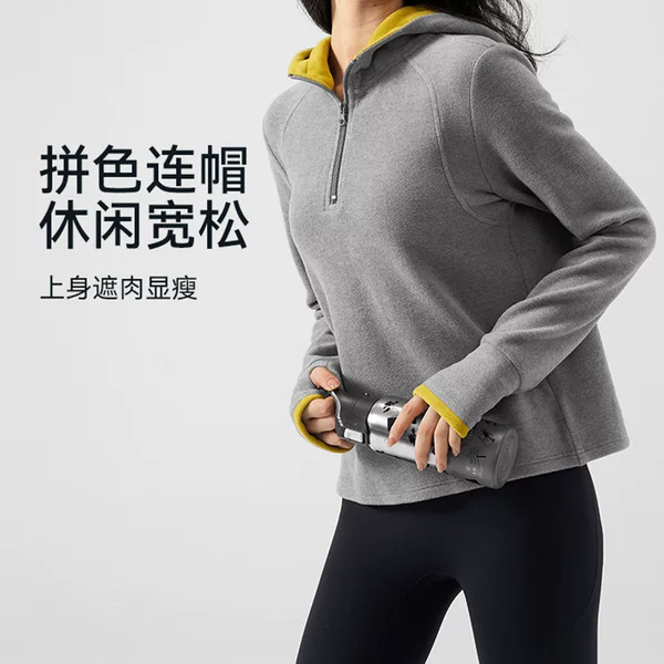 New Autumn and Winter Style Contrasting Color Hooded Half-Zip Soft and Warm Velvet-Feel Warm Loose Casual Sweatshirt Outdoor Sports Top