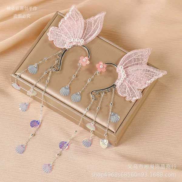 Children's Fairy Shell Ear Clips, Super Fairy Princess Tassel Pendant Earrings, Mermaid Little Girl Non-Pierced Ear Accessories