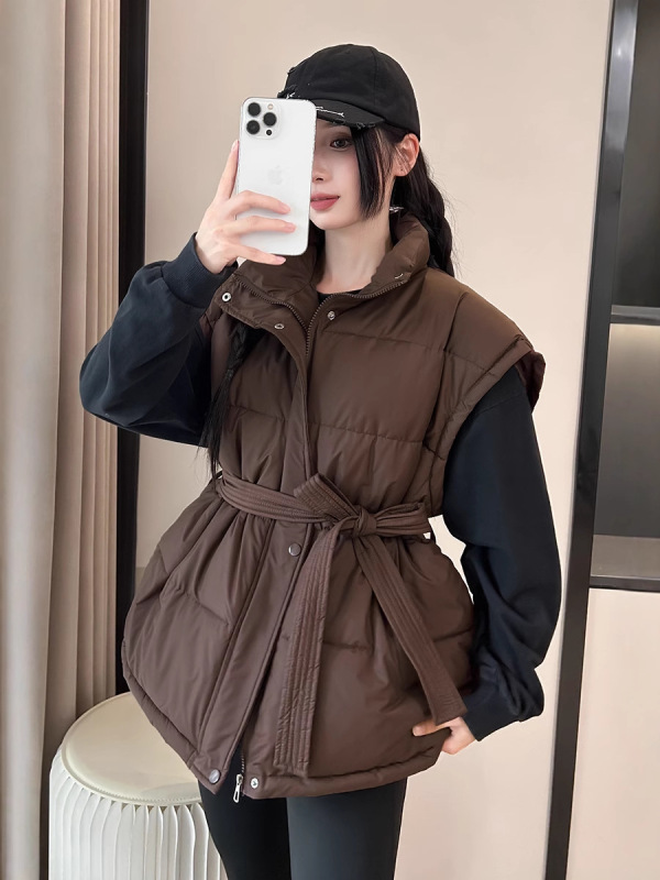 羽绒棉马甲女2025秋冬新款韩版学院宽松系带收腰纯色马夹背心外套|undefined