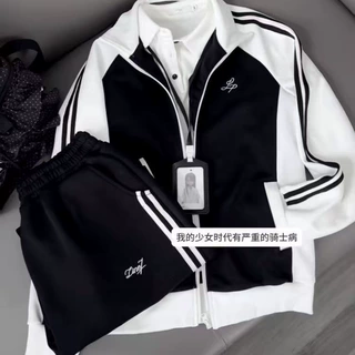 秋季运动感体操服刺绣翻领外套日系学院风jk制服黑白拼色运动外套