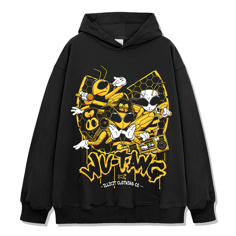 Wu-tang camiseta de manga corta retro americana con estampado lavado y desgastado suéter con capucha y cuello redondo suelto de algodón pesado