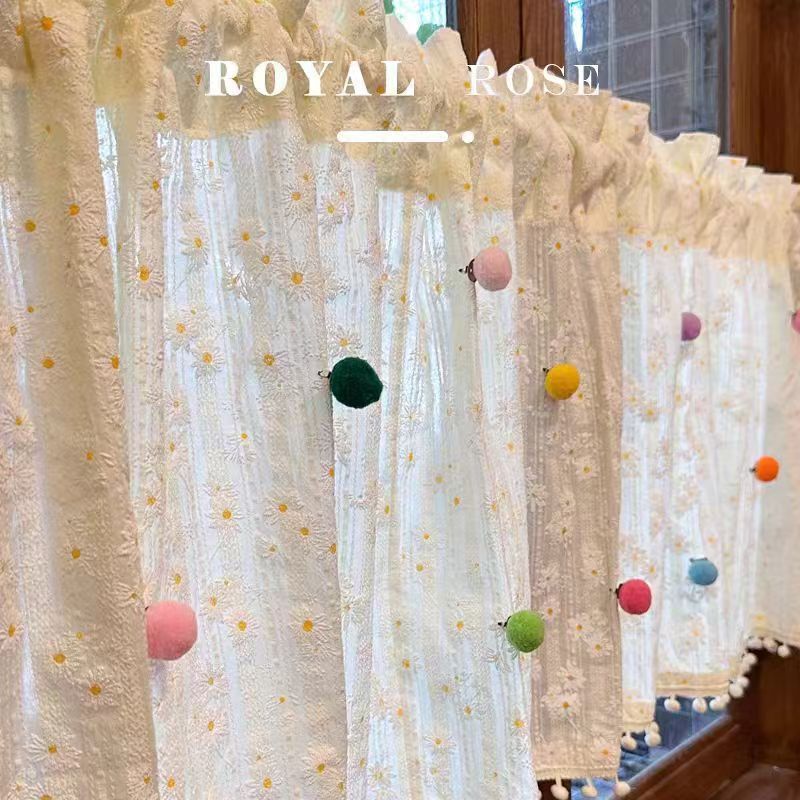 French-Style Pastoral Floral Colorful Tassel Short Curtain Door Curtain, No-Drill Bedside Cover Curtain, Kitchen Wardrobe Concealing Curtain