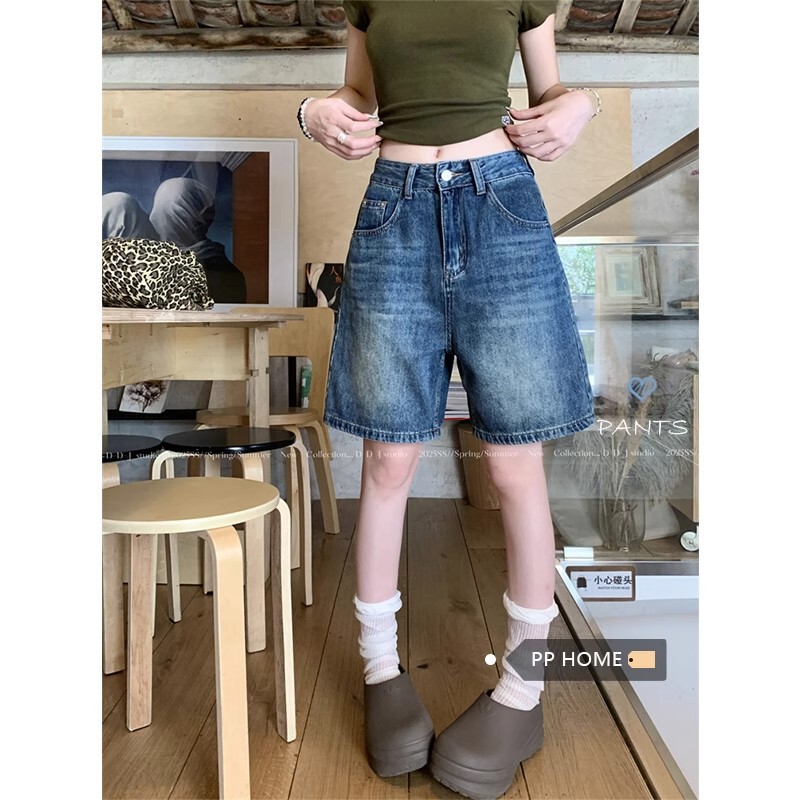 Vintage Blue Simple High-Waisted Straight-Leg Jeans for Women 2025 Summer New Petite Commuter Versatile Five-Point Shorts