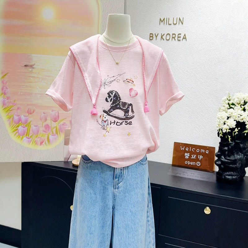 Plus-Size Women's Sweet Pink 2026 Spring/Summer Tassel Shawl + Stylish Pony Short-Sleeve T-Shirt Women's Top Plus-Size Women's Sweet Pink 2026 Spring/Summer Tassel Shawl + Stylish Pony Short-Sleeve T-Shirt Women's Top