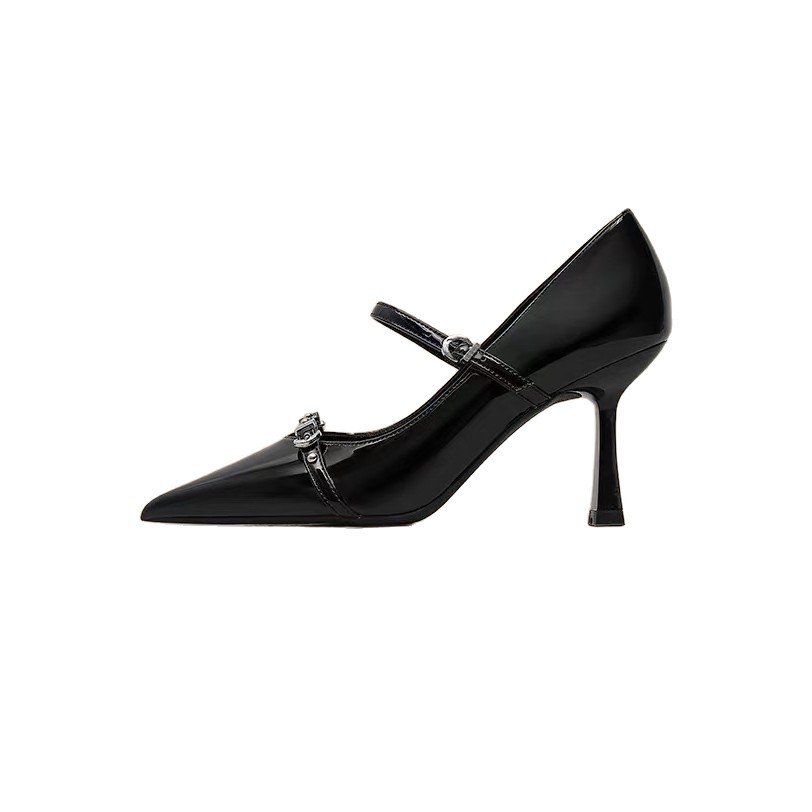2025 Fall New Black Elegant Single-Strap Stiletto High For Women, Niche Metal Buckle Pointed Toe Shallow Heels_vogvips.com