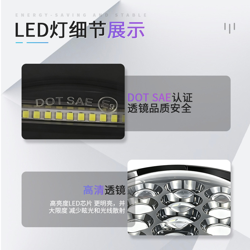 Harley Wrangler headlight 13 beads 75W with lens for motorcycle off-road vehicle, H4 high and low beam integrated headlamp