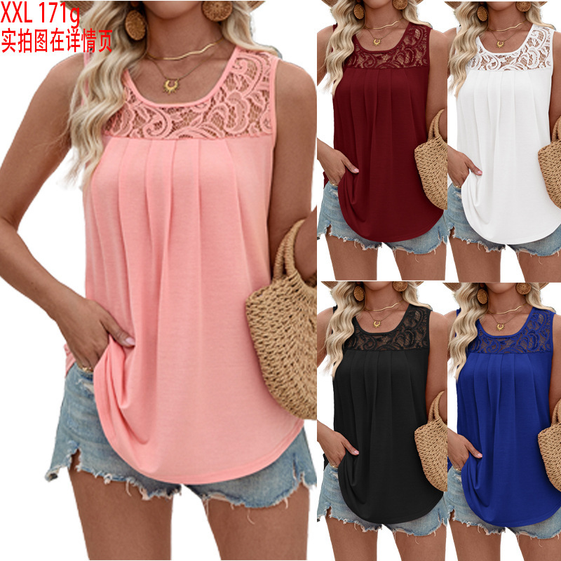 Spot European and American Foreign Trade Cross-Border New Women's Large Size Sleeveless Lace Pleated Round Neck Summer Casual Women's Tops Spot European and American Foreign Trade Cross-Border New Women's Large Size Sleeveless Lace Pleated Round Neck Summer Casual Women's Tops