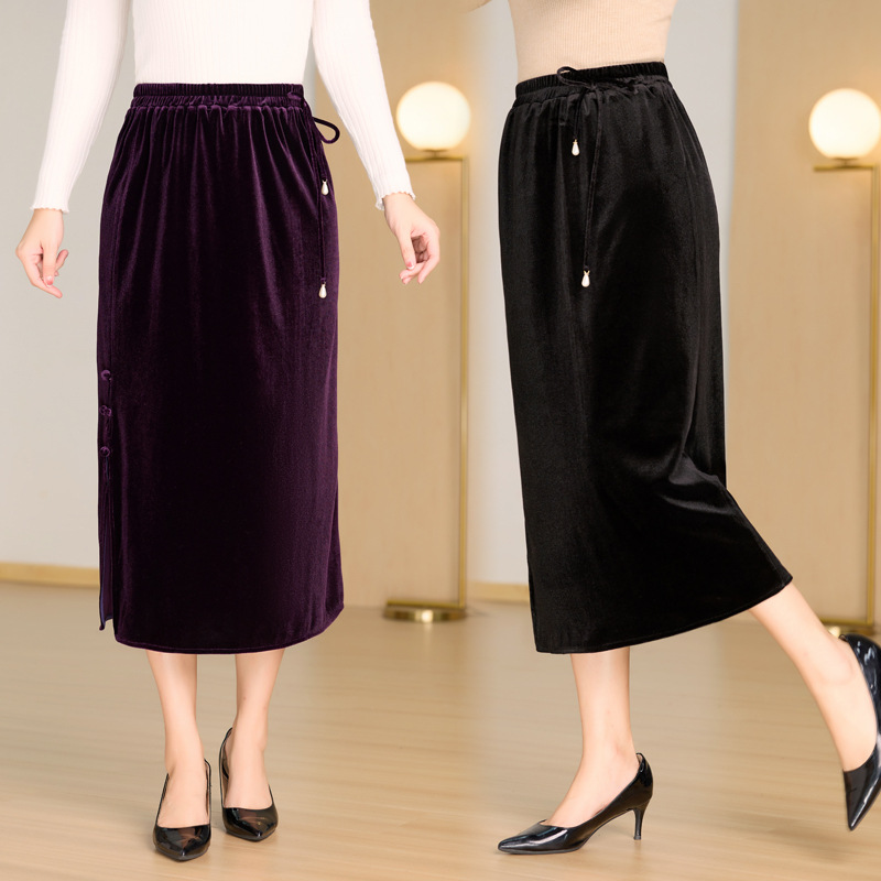 Golden Velvet Straight Tube Side Split Hip Skirt Women's Mother Dress Elegant One-step Skirt Middle-aged and Elderly Women's Mid-length Skirt