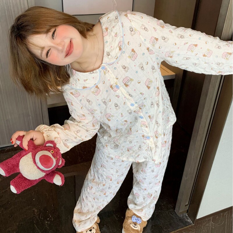 Cartoon print doll collar sweet plus-size pajamas for women, long-sleeve set, extra-large size 120kg women's loungewear Cartoon print doll collar sweet plus-size pajamas for women, long-sleeve set, extra-large size 120kg women's loungewear