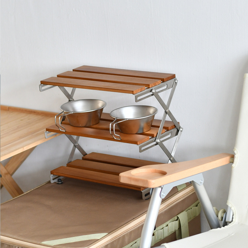 WALKHIKE户外露营桌面折叠置物架收纳架实木免安装多层露营置物架