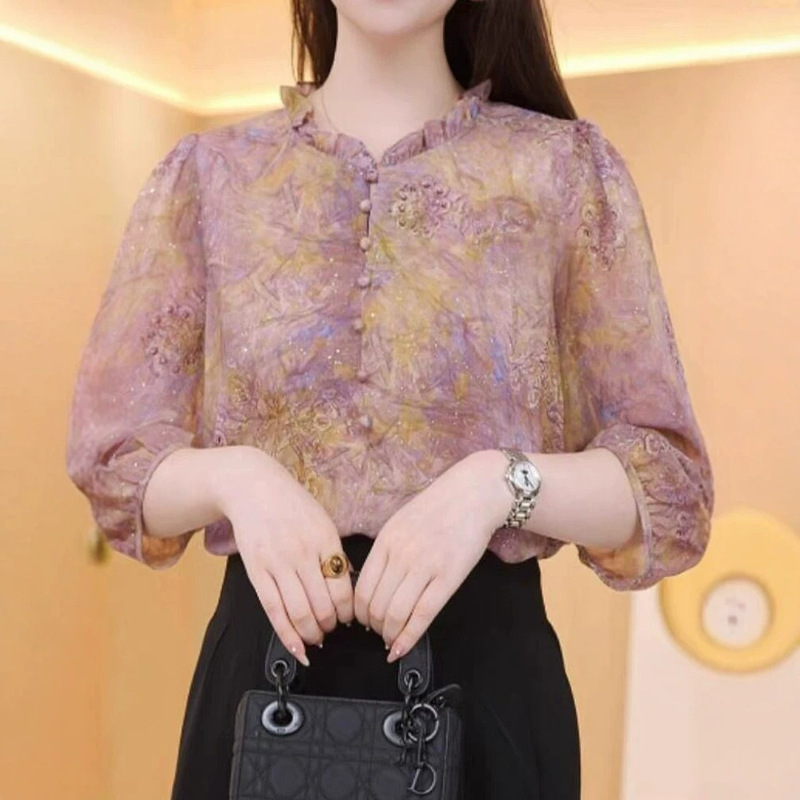 Elegant Lace Collar Printed Three-Quarter Sleeve Thin Shirt for Women, Summer 2026 New Style, Loose and Breathable Top for Moms
