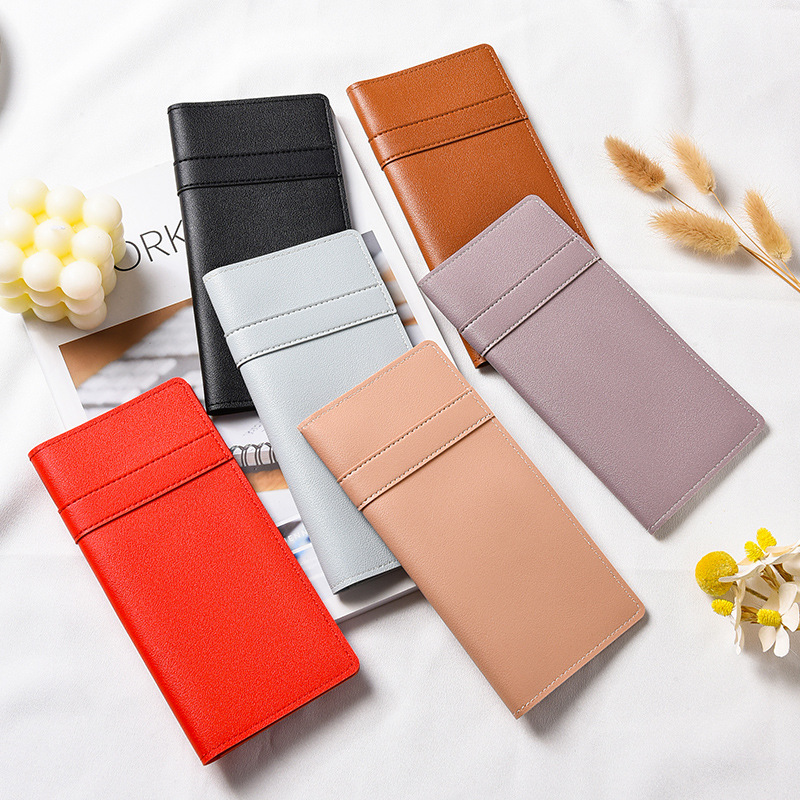 Cartera larga de color liso con diseño de patchwork para mujer, bolso de mano ligero con cierre, tarjetero con múltiples ranuras para tarjetas, cartera de cuero versátil y moderna.
