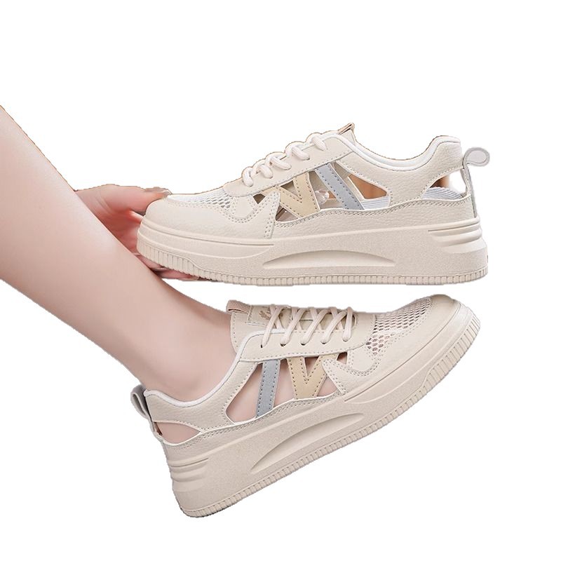 Zapatos individuales para mujer 2025 nuevo estilo de verano, suela gruesa, zapatos blancos deportivos huecos, suela suave, sin cansancio, cordones de pie, resistentes al desgaste