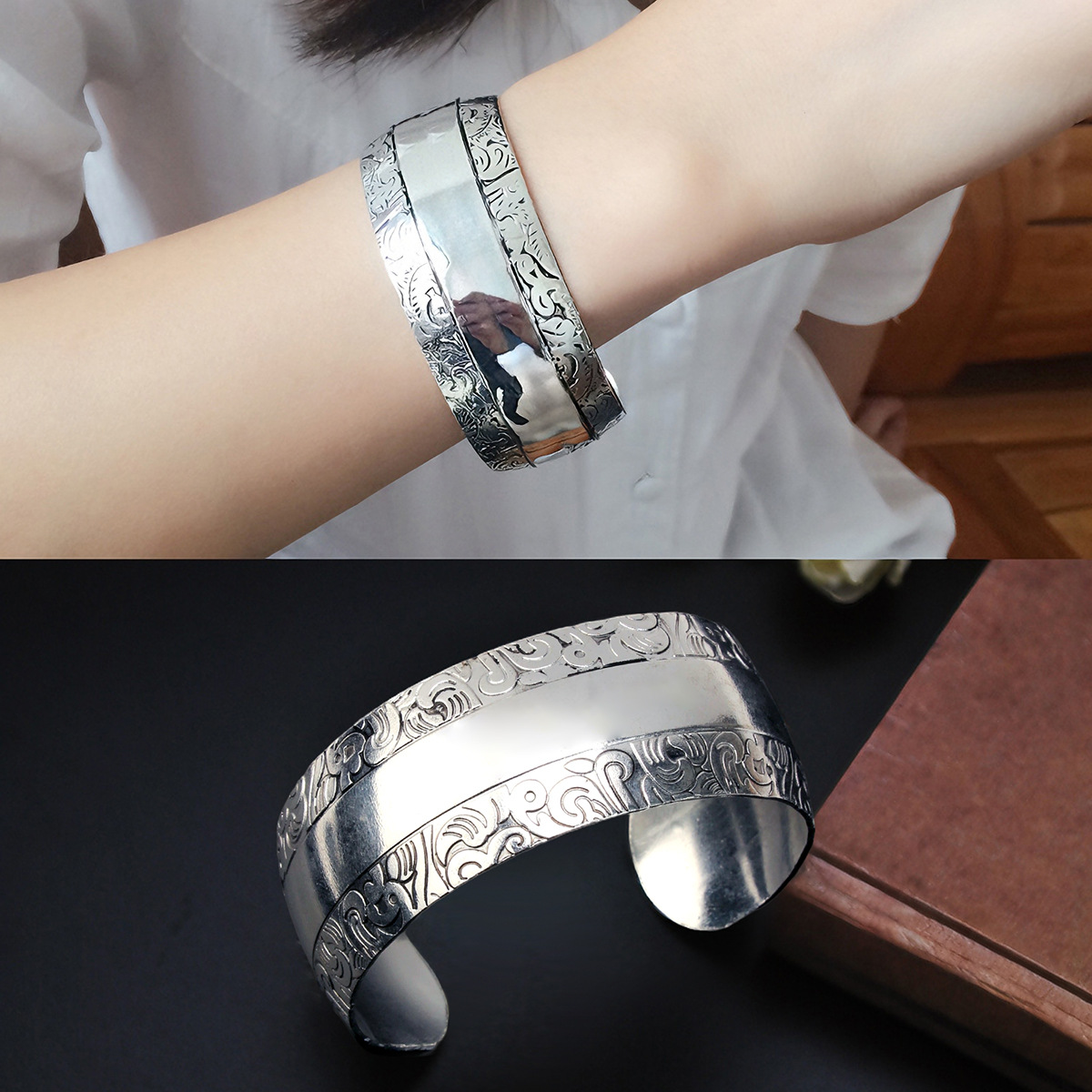 Pulsera de elefante de plata Miao con apertura, estilo étnico, brazalete ancho vintage, venta al por mayor