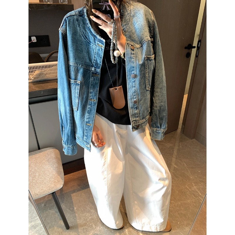 摩且 手工毛边领 高级感水洗蓝廓形宽松显瘦夹克牛仔外套 MQ0794|undefined