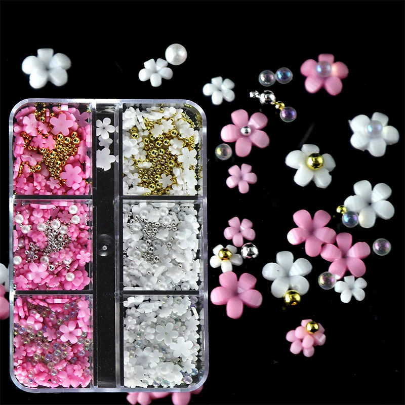Костюм из 6 украшений для дизайна ногтей с пятью лепестками в штучной упаковке, размер из смешанной смолы, золотые и серебряные бусины, трансграничный эксклюзивный
