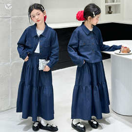 海彬童装女童半身裙套装秋季新款翻领上衣A字裙牛仔两件套中大童