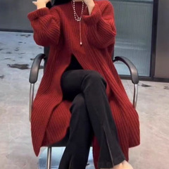 韩系慵懒风毛衣裙女春秋新款宽松套头侧开叉过膝中长款针织裙