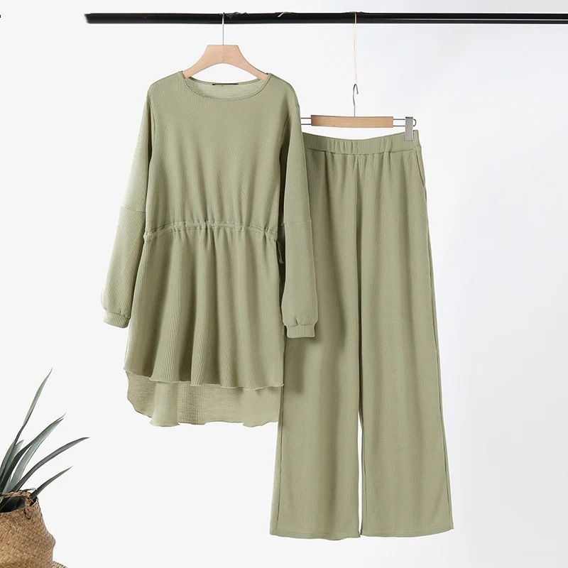 Women's 2 Piece Set Textured Solid Color Drawstring Casual Wear Top With Fashionable Elastic Waist For Autumn Holiday_voghion.com