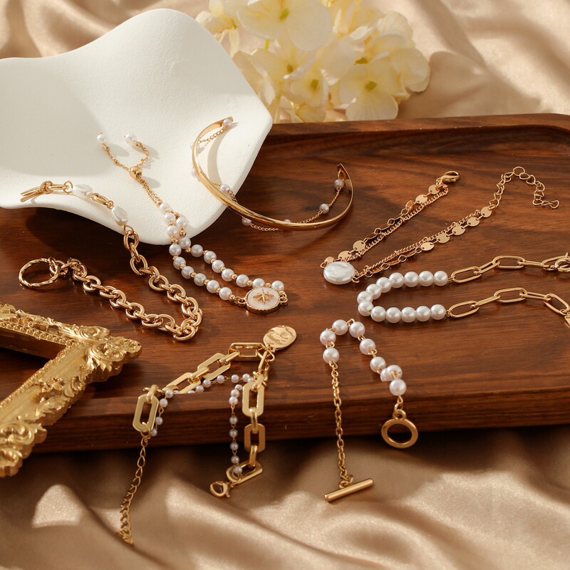 Cross-border New High Brightness Beads Stacked with Glow Planes Titanium Steel Bracelet Open Artificial Beads Stitching Chain Bracelet