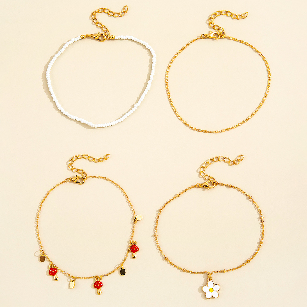 No Inlaid Inlay Material Fashion Multi-layer Simple Mushroom Small Pendant Alloy Anklet 4-piece Set