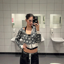美式复古星星连帽开衫卫衣女短款辣妹休闲外套春秋设计感小众上衣
