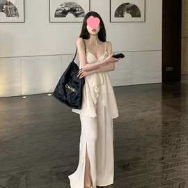 设计感不规则吊带上衣女开叉阔腿裤高腰显瘦休闲时尚两件套潮