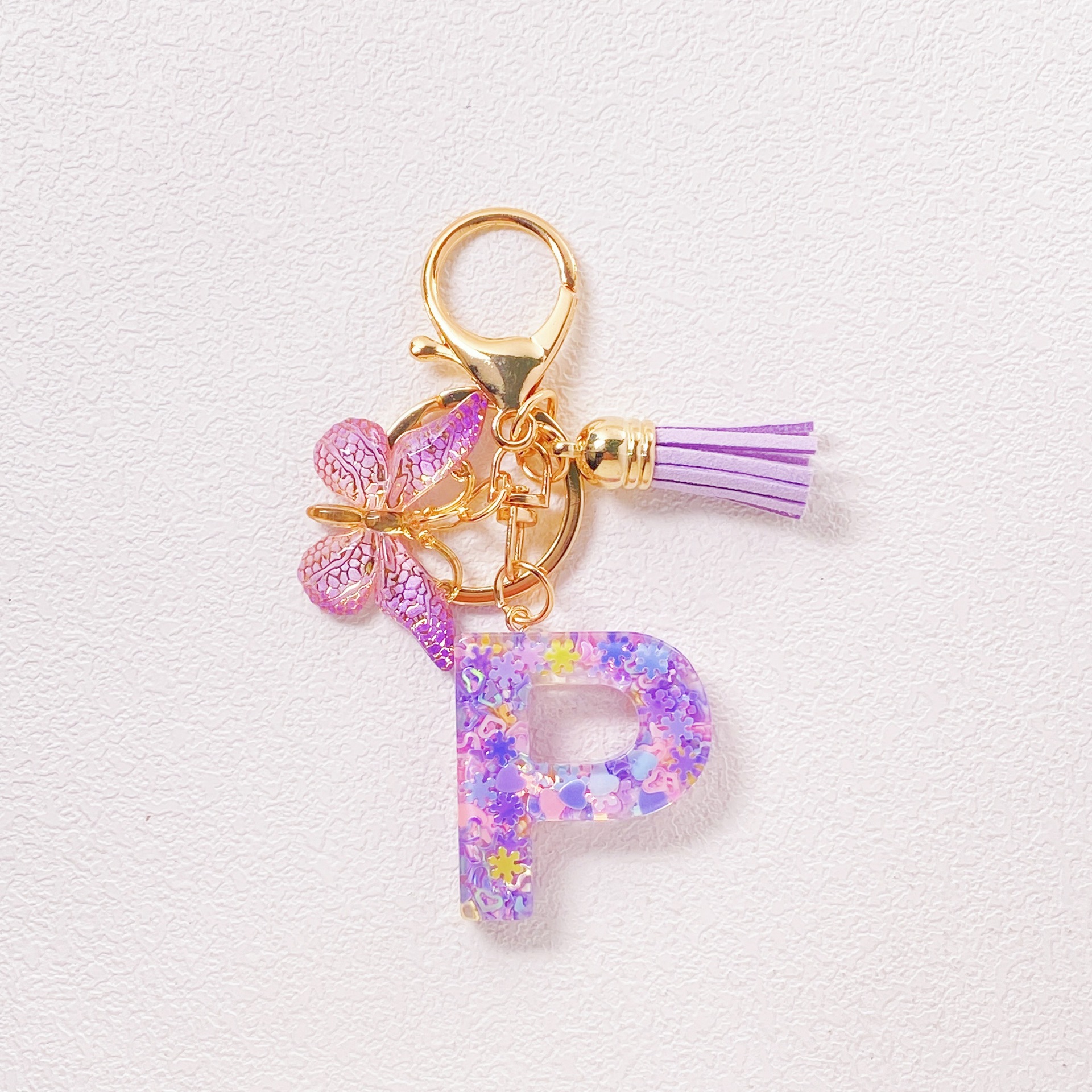 20g Weight Sequins Inlay Material Keychain Classification Daily Occasion Epoxy Material Letter, Butterfly Pattern Women's Gender Sweet Style Purple Color Letter Butterfly Keychain Epoxy Sequins Women's Sweet Keychain 17