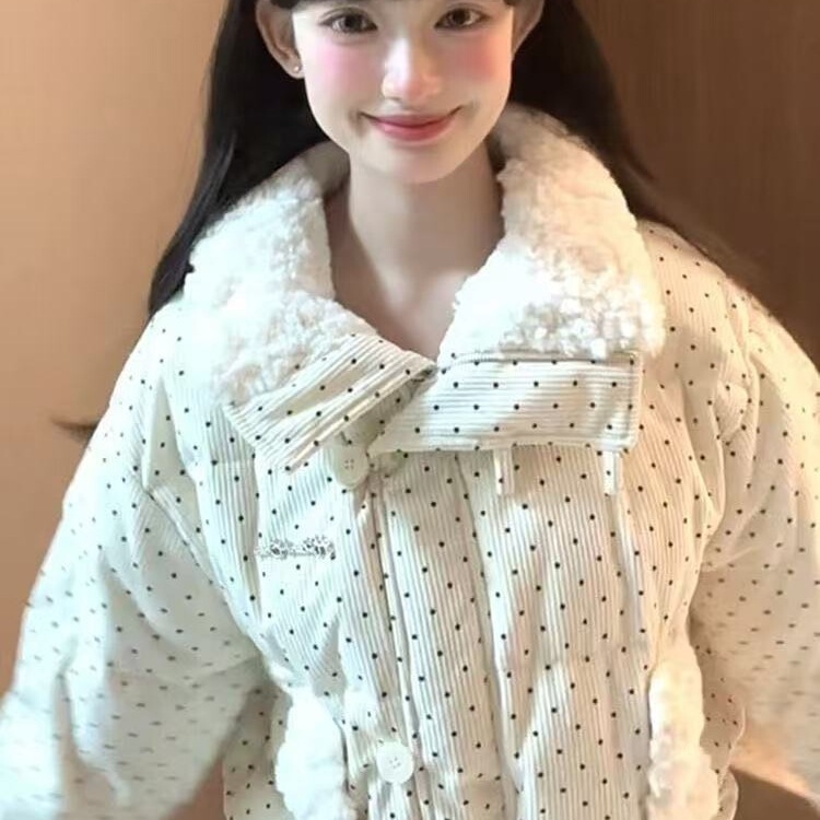 2025年韩系设计波点棉服毛领冬季甜美新款加厚宽松棉袄外套面包|undefined