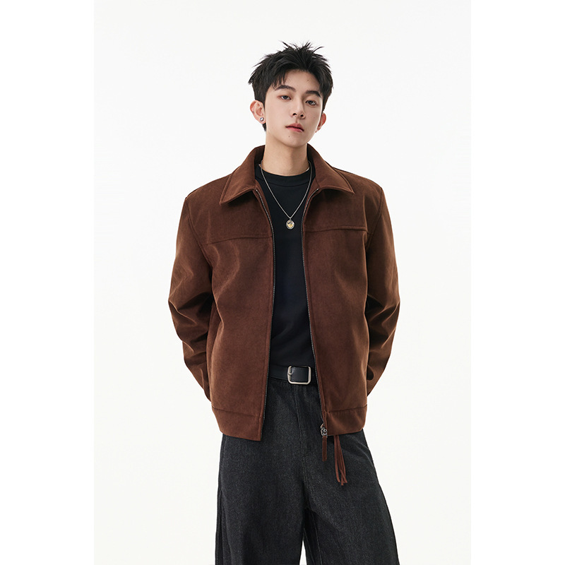 Intfedya Korean Suede Stand-Up Collar Right Shoulder Maillard Trendyy Jacket Men's and Women's Simple Retro Jacket