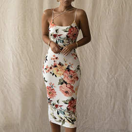 2026夏欧美亚马逊外贸女新款时尚印花修身开叉露背抹胸吊带连衣裙
