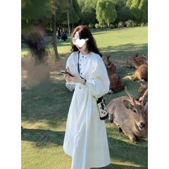 法式茶歇白色收腰长袖连衣裙女秋季 高级感气质显瘦长裙子