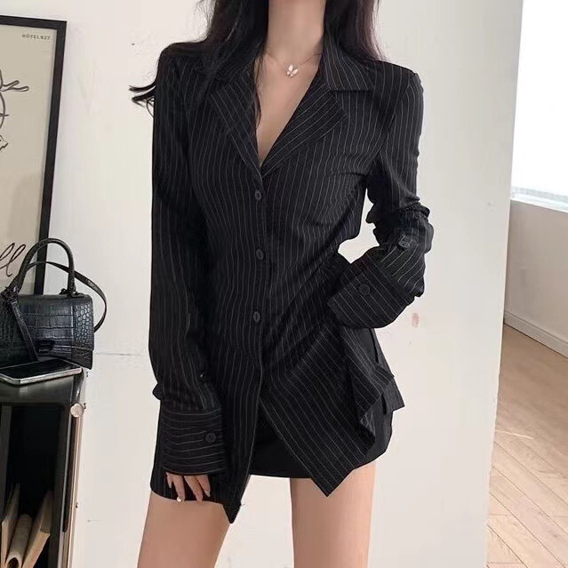 Night listening fragrance sexy lingerie boyfriend shirt long sleeve striped slim fit all-match mid-length slimming autumn waist-tight top Night listening fragrance sexy lingerie boyfriend shirt long sleeve striped slim fit all-match mid-length slimming autumn waist-tight top